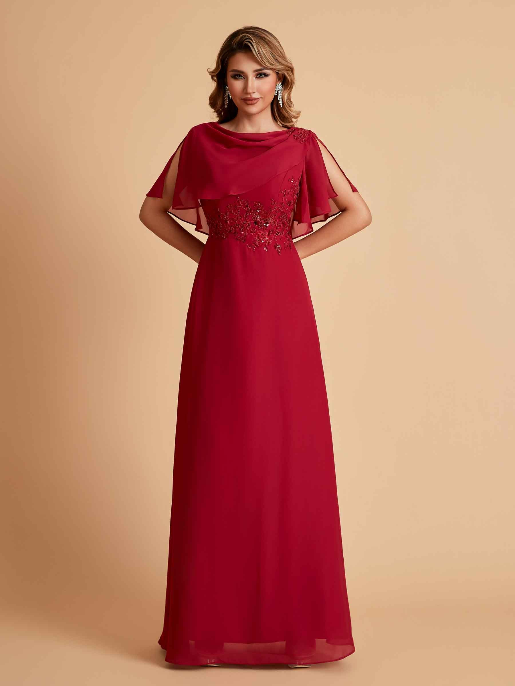 Robes de mère de la mariée en mousseline de soie manches mi-longues et bijoux