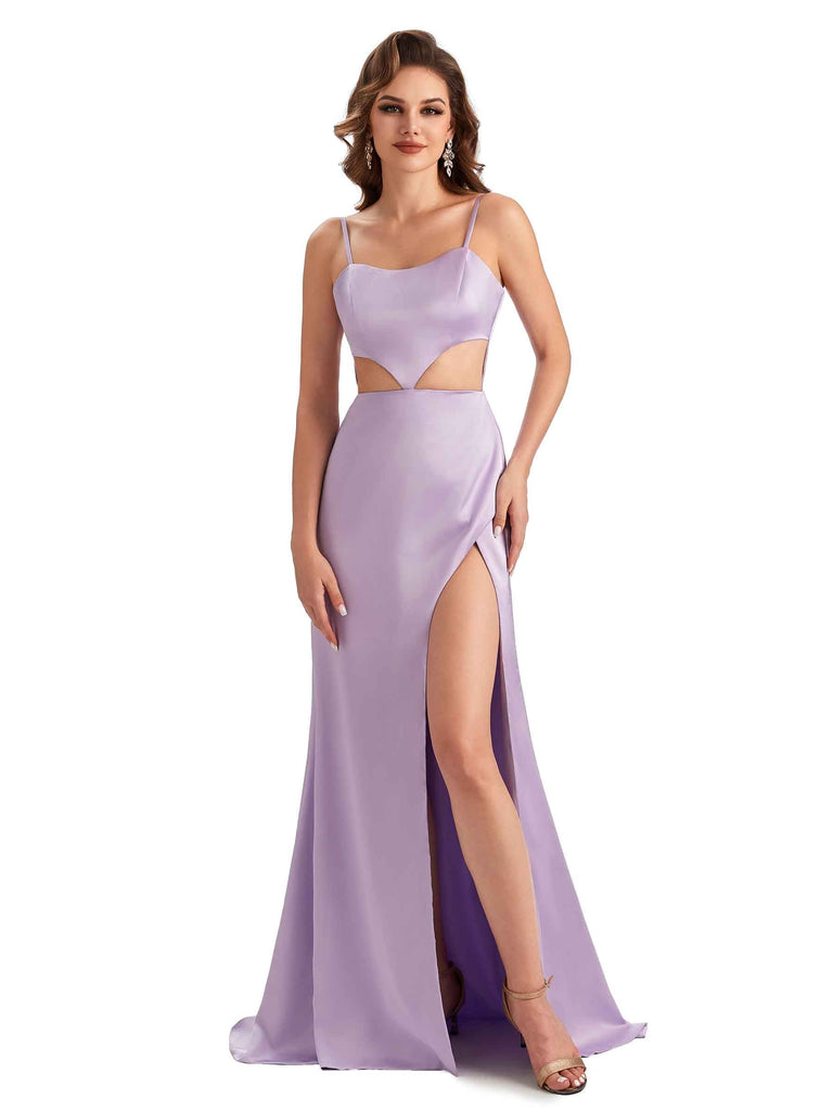 Robes d'invitées de mariage sexy satin fente latérale bretelles spaghetti longues courbes uniques