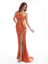 Sexy Side Split One Shoulder Pleated Metallic Long Dresses Online