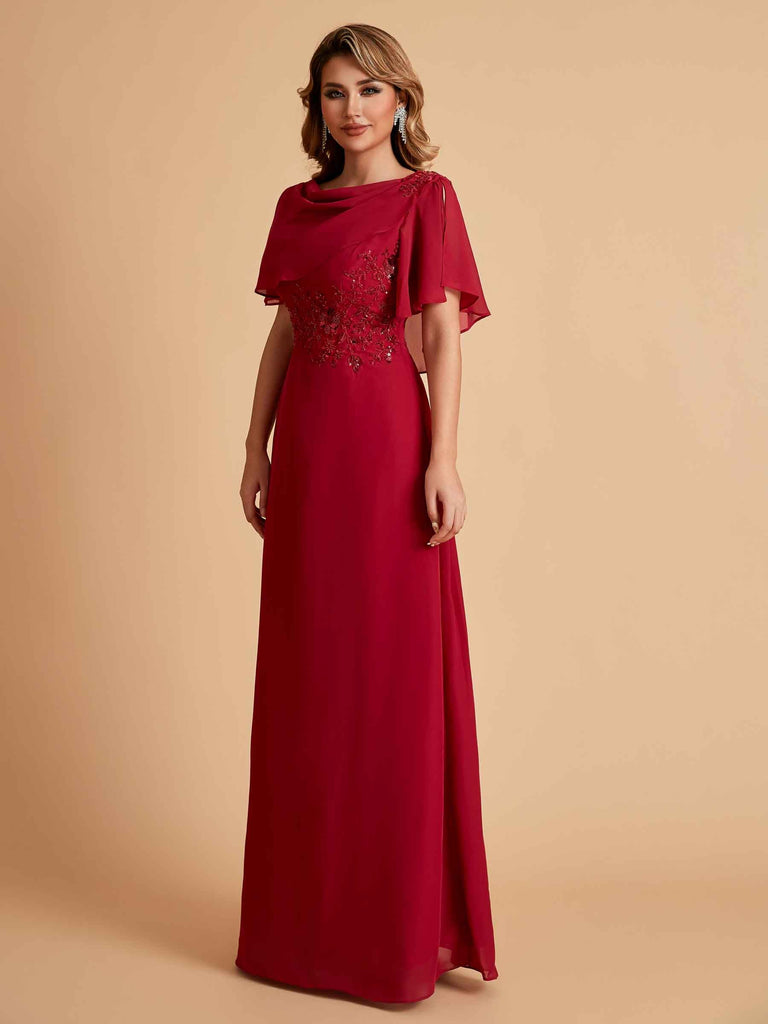 Robes de mère de la mariée en mousseline de soie manches mi-longues et bijoux