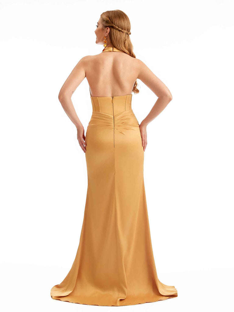 longue sirène satin extensible col en V Robe de demoiselle d'honneur dos nu fente latérale sexy