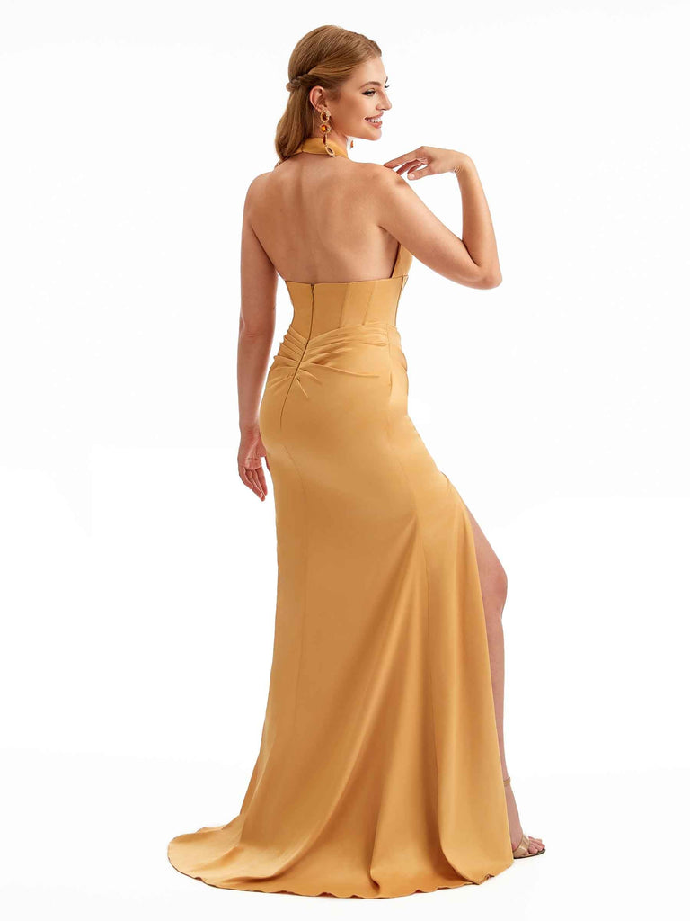 longue sirène satin extensible col en V Robe de demoiselle d'honneur dos nu fente latérale sexy