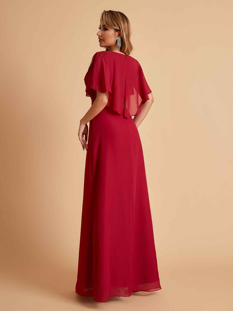 Robes de mère de la mariée en mousseline de soie manches mi-longues et bijoux