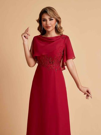 Robes de mère de la mariée en mousseline de soie manches mi-longues et bijoux