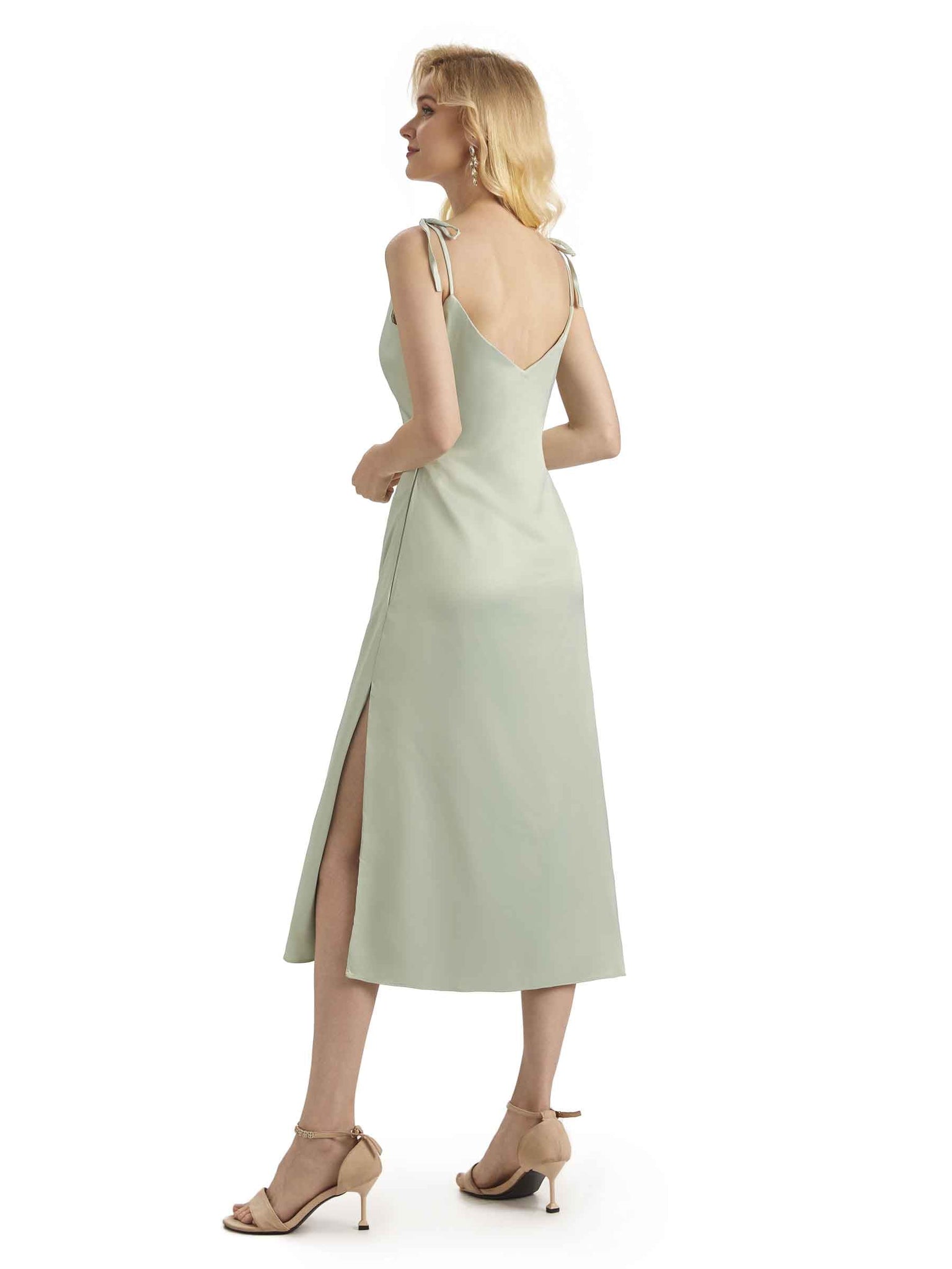 Robe d'invité de mariage mi-longue sexy fente latérale bretelles spaghetti