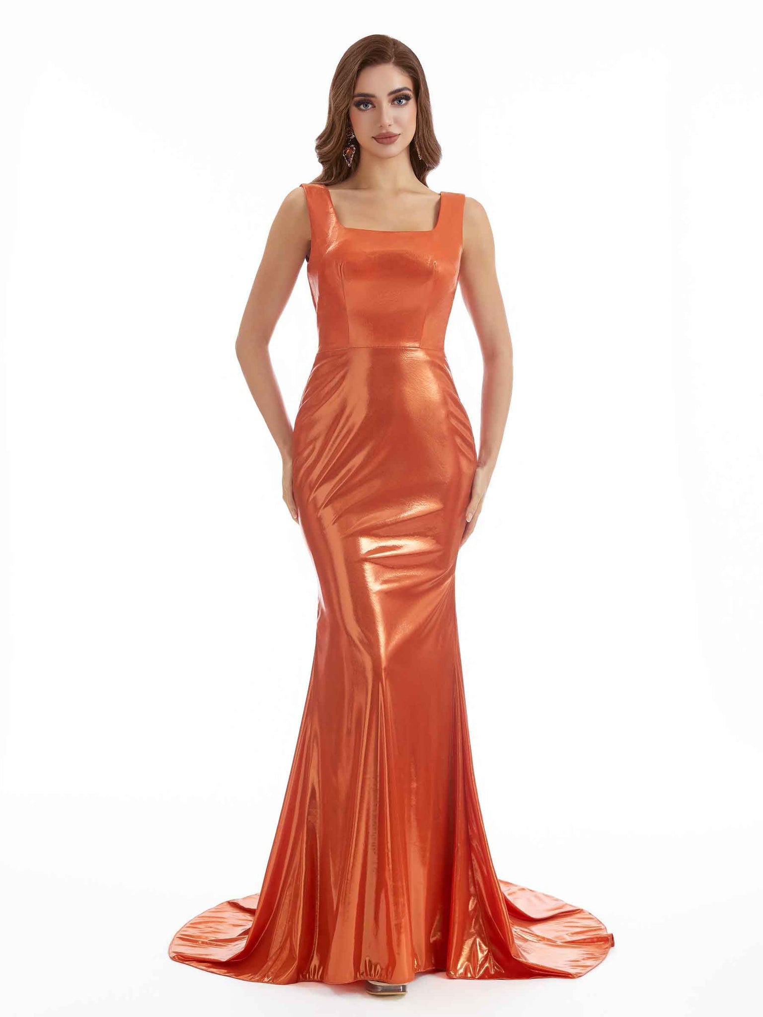 Robe longue métallique sexy à décolleté carré sirène