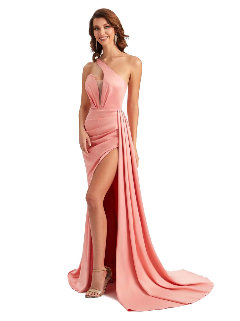 Robes de soirée de mariage sirène sexy en satin doux à une épaule fendue