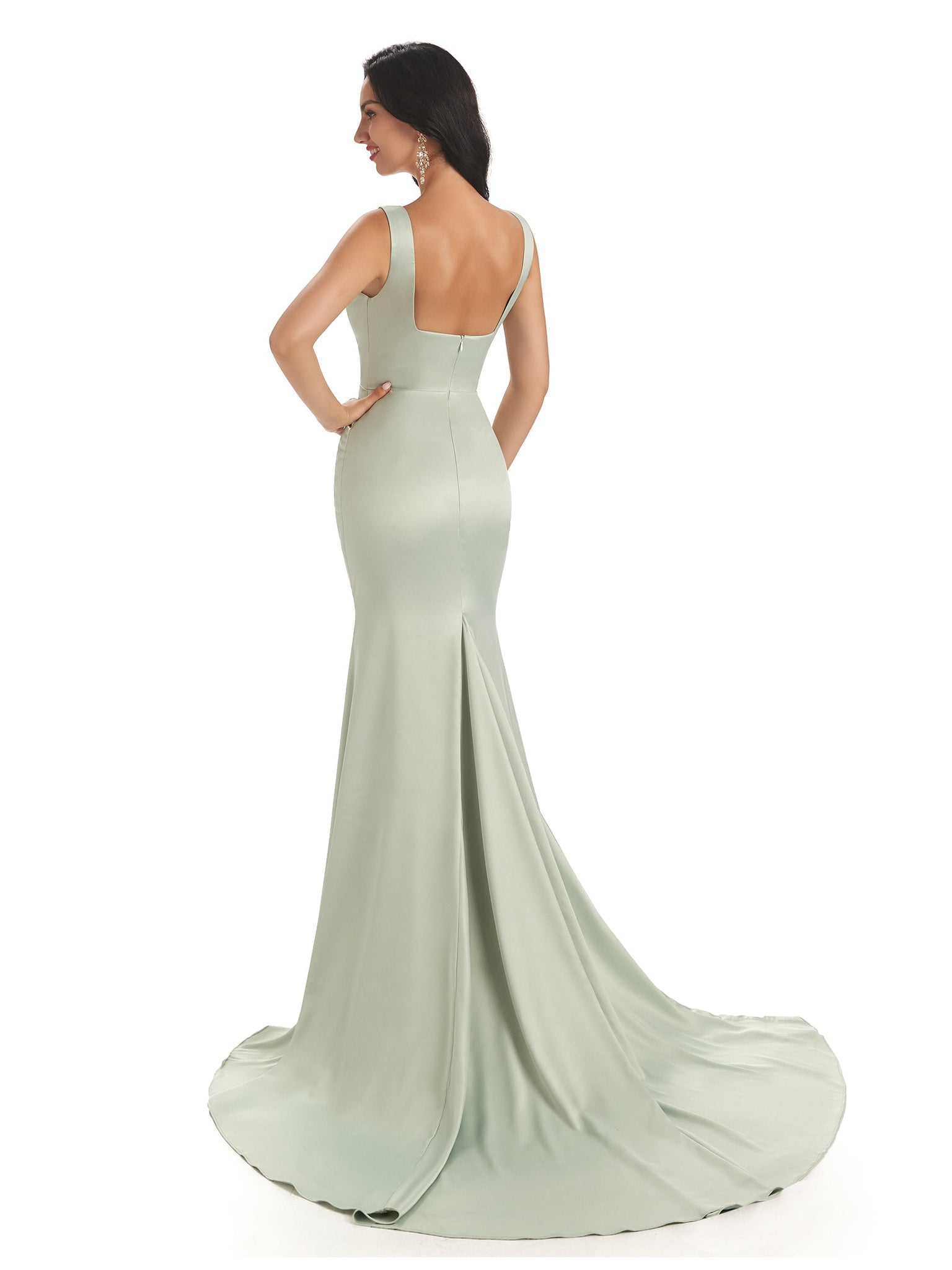 Robe témoin de mariage sirène longues satin doux carrée sans manches