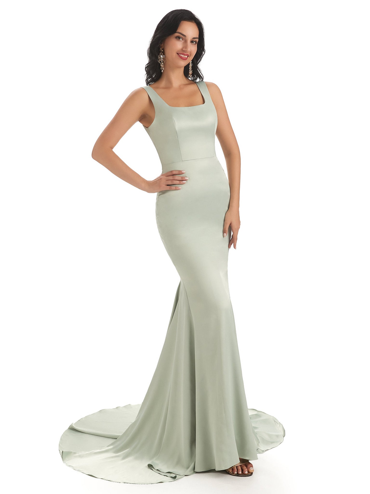 Robe témoin de mariage sirène longues satin doux carrée sans manches