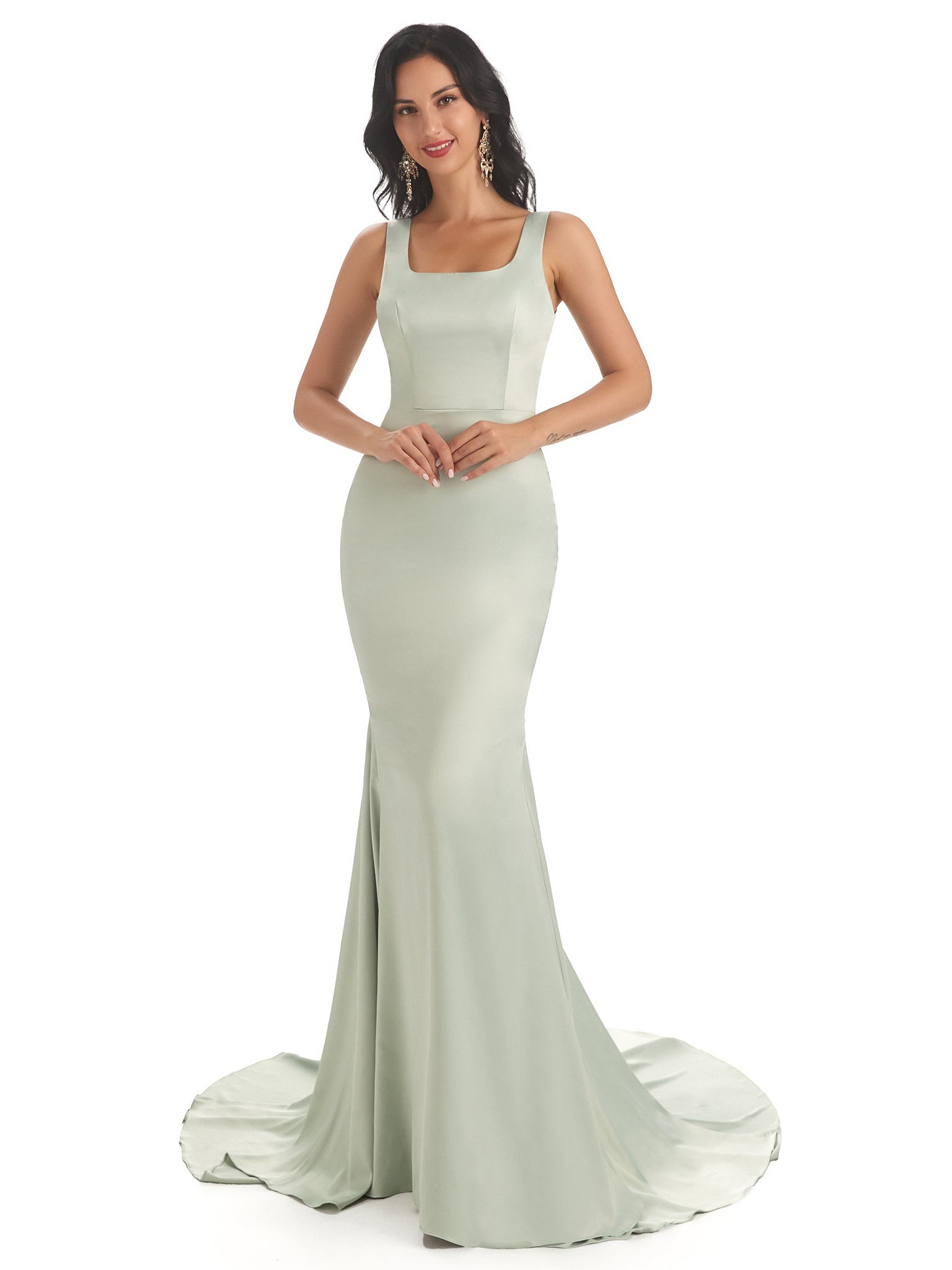 Robe témoin de mariage sirène longues satin doux carrée sans manches