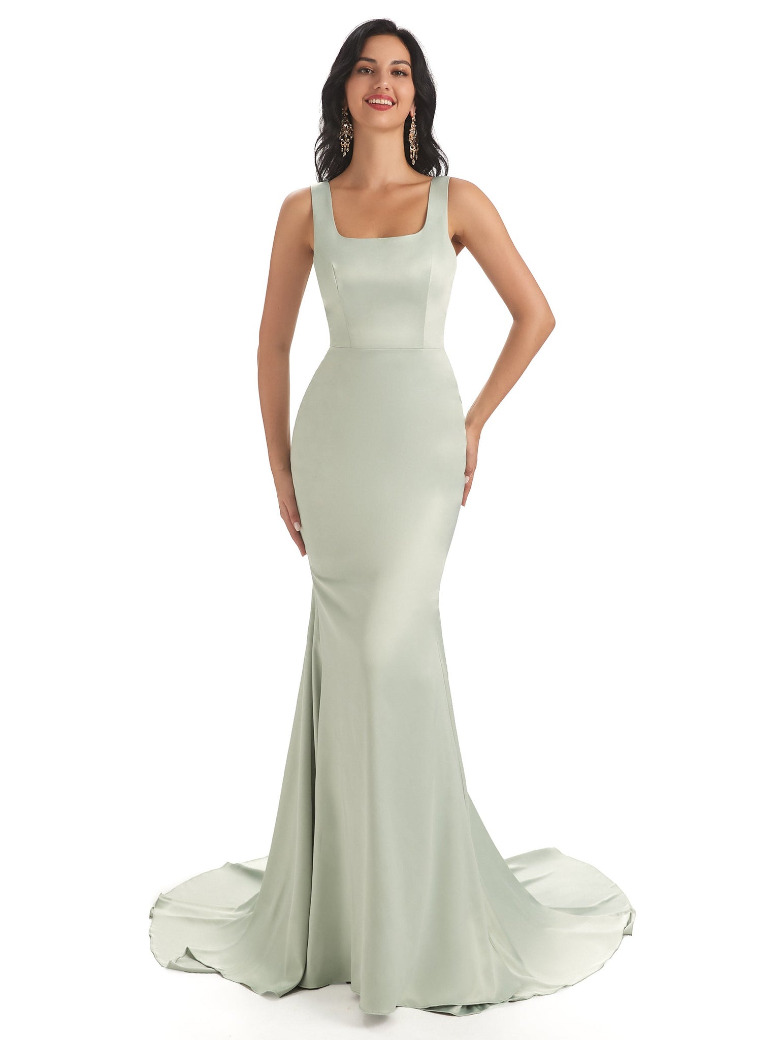 Robe témoin de mariage sirène longues satin doux carrée sans manches
