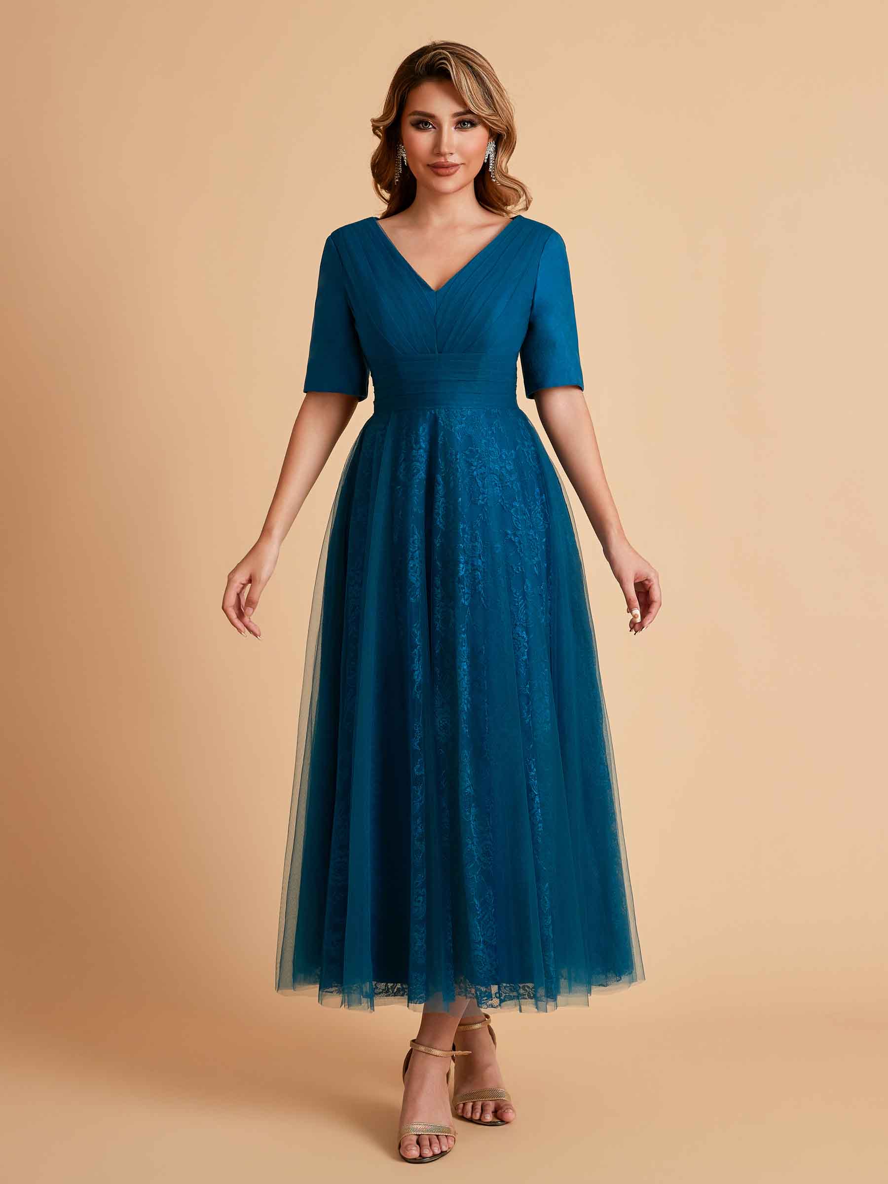 Robes de mère de la mariée élégantes manches mi-longues et col en V