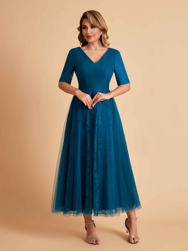 Robes de mère de la mariée élégantes manches mi-longues et col en V