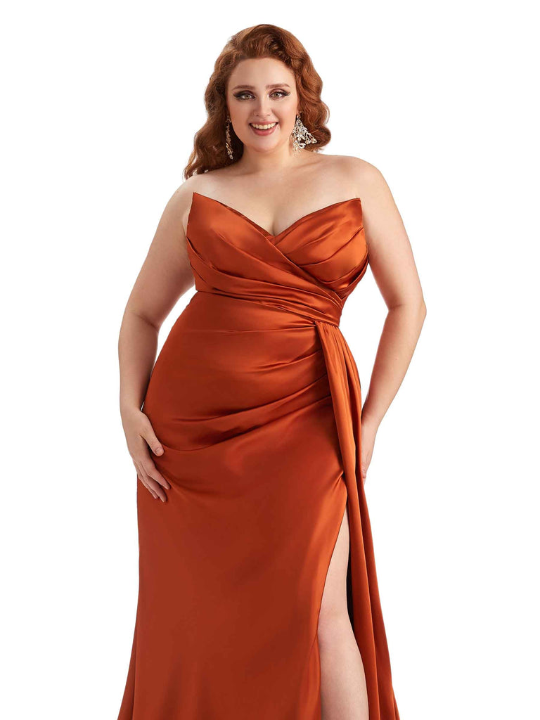 Robes de demoiselle d'honneur sexy col en V fente sirène en satin doux longues grande taille