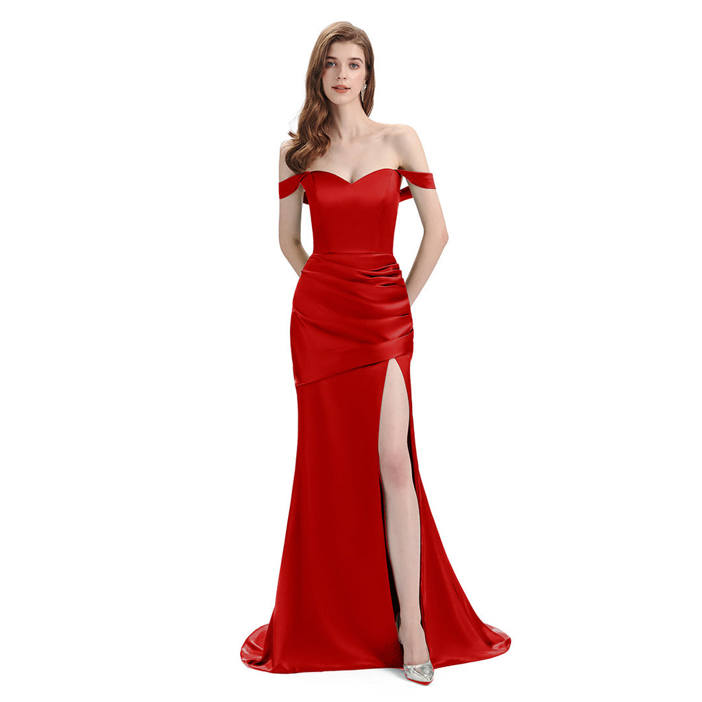 Robes de demoiselle d'honneur longues sirène rouge satin doux sexy