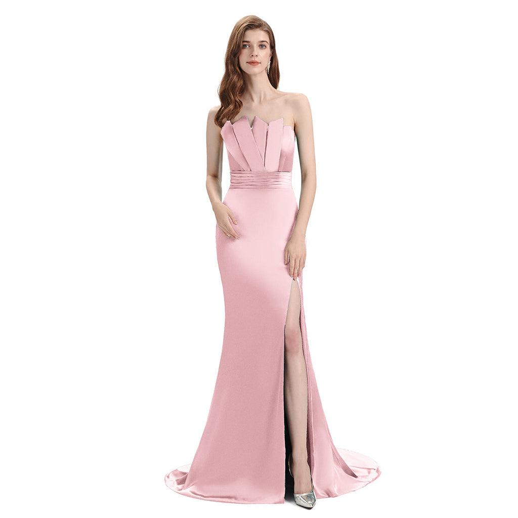 Robes de demoiselle d'honneur longues sirène satin rose blush fente latérale sexy