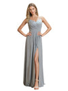 Robe longue en mousseline de soie sexy avec fendue bretelles spaghetti