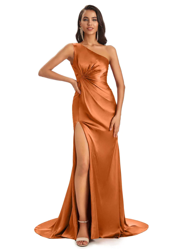 Robes demoiselle d'honneur longues satin sirène sexy orange brûlé dépareillées