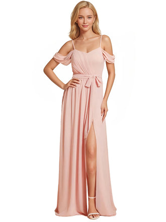 Elegant Side Slit Off The Shoulder A-line Chiffon Floor-Length Bridesmaid Dresses