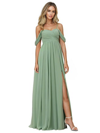 Sexy Off The Shoulder A-line Side Split Chiffon Long Bridesmaid Dresses