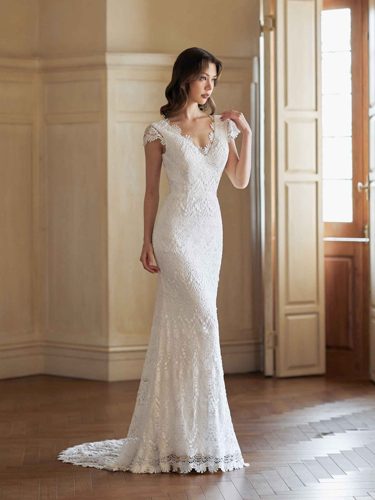 Robes de mariée sexy sirène dos nu col en V maxi longues dentelle