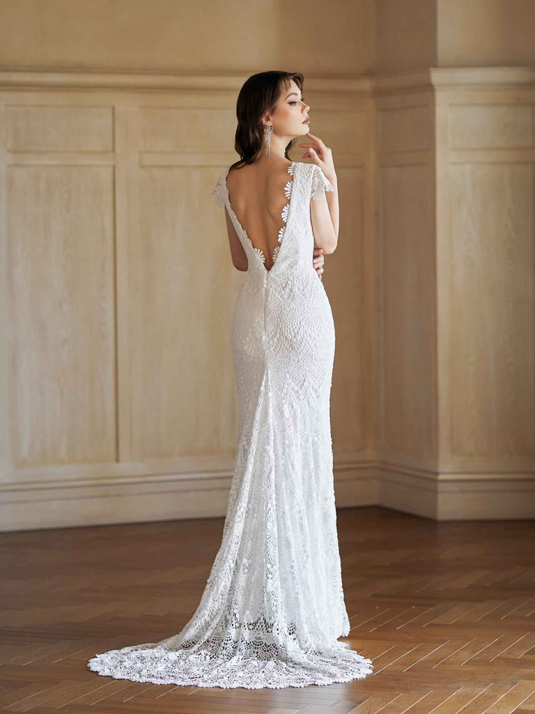 Robes de mariée sexy sirène dos nu col en V maxi longues dentelle