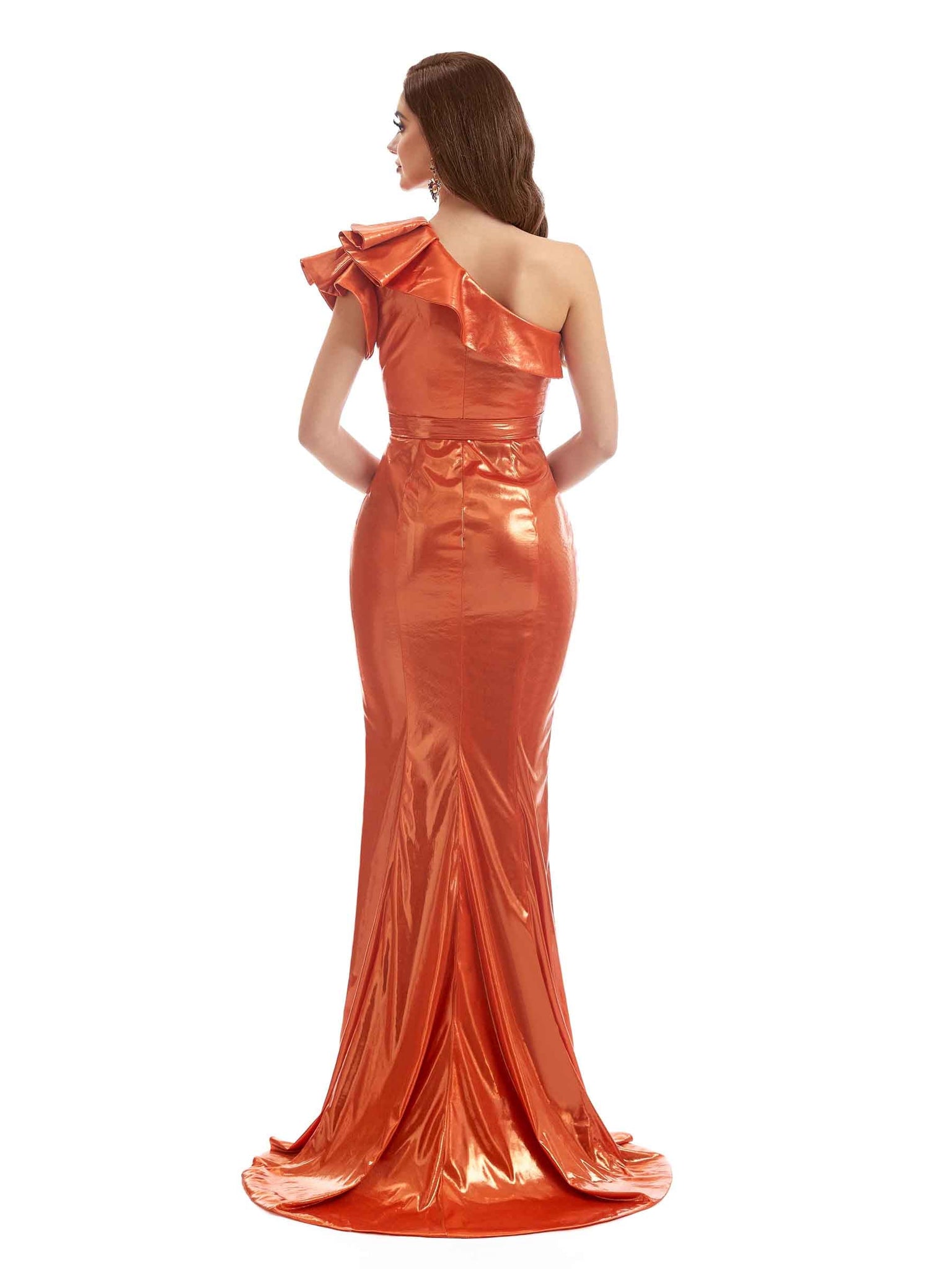 Robe longue plissée métallique sexy à volants à une épaule pour femme