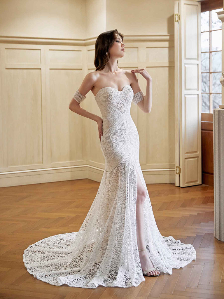 Robes de mariée sexy sirène chérie fente moyenne maxi longues dentelle