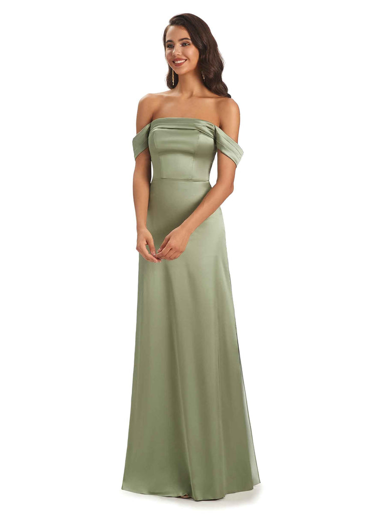 Robes de demoiselle d'honneur longues sexy satin doux simples épaules dénudées maxi