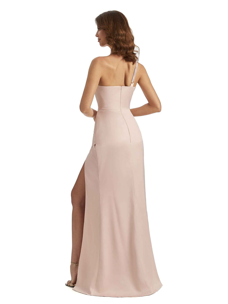 Robe longue de demoiselle d'honneur en Satin soyeux asymétrique épaule dénudée Sexy Unique pour mariage