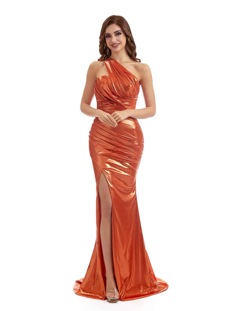 One Shoulder Mermaid Metallic Stretch Shiny Fabric Long Bridesmaid Dresses Online