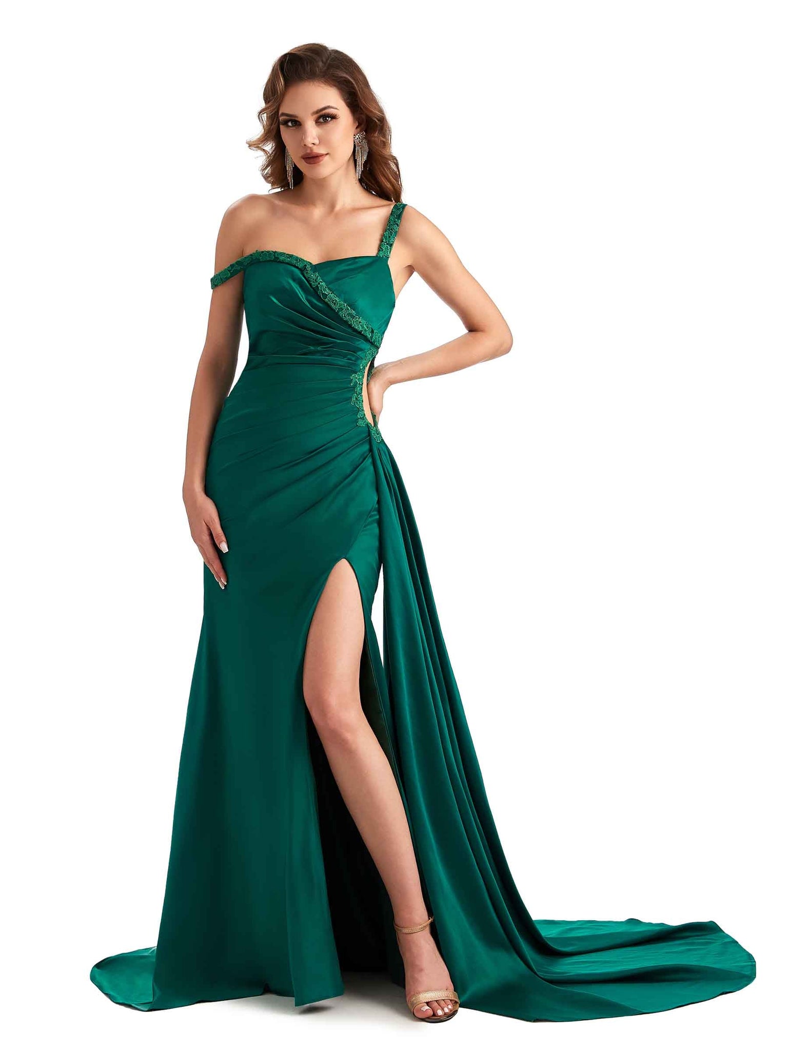 Robe invitée mariage  sirène sexy fendue en satin soyeux à une épaule sans manches