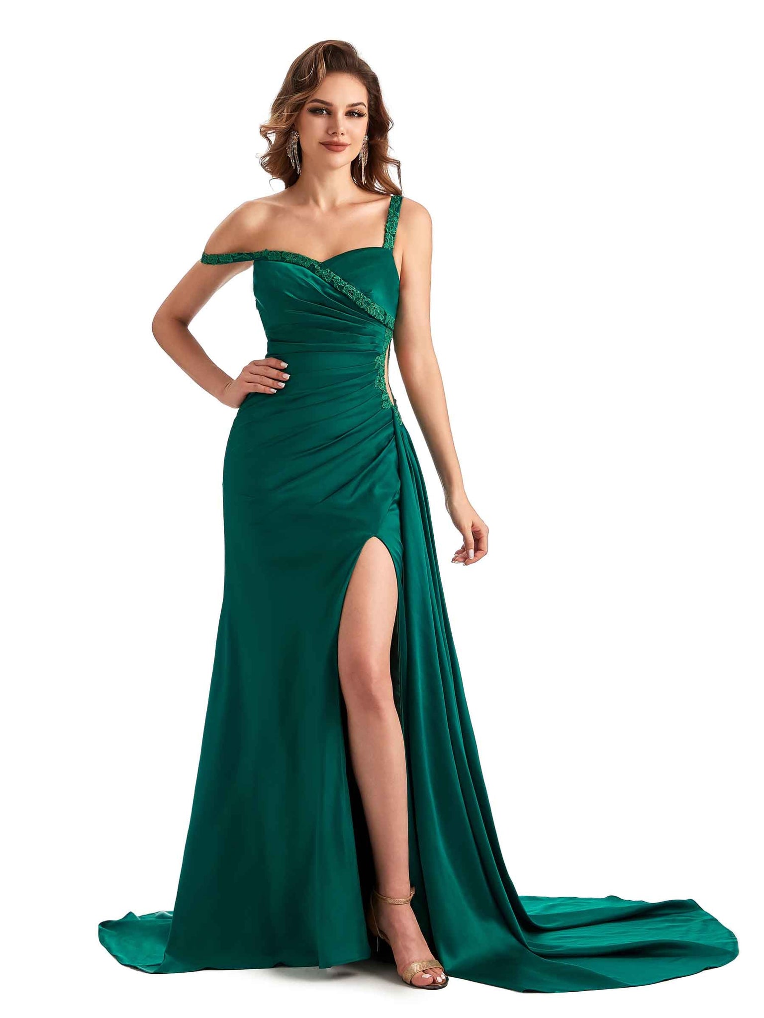 Robe invitée mariage  sirène sexy fendue en satin soyeux à une épaule sans manches