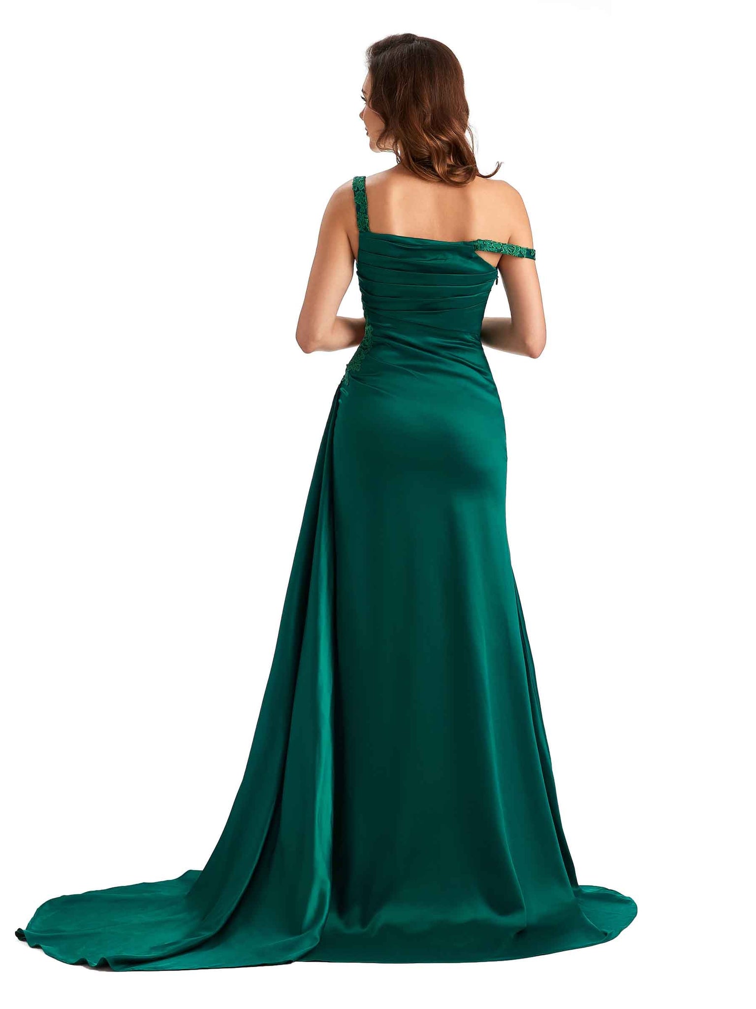 Robe invitée mariage  sirène sexy fendue en satin soyeux à une épaule sans manches