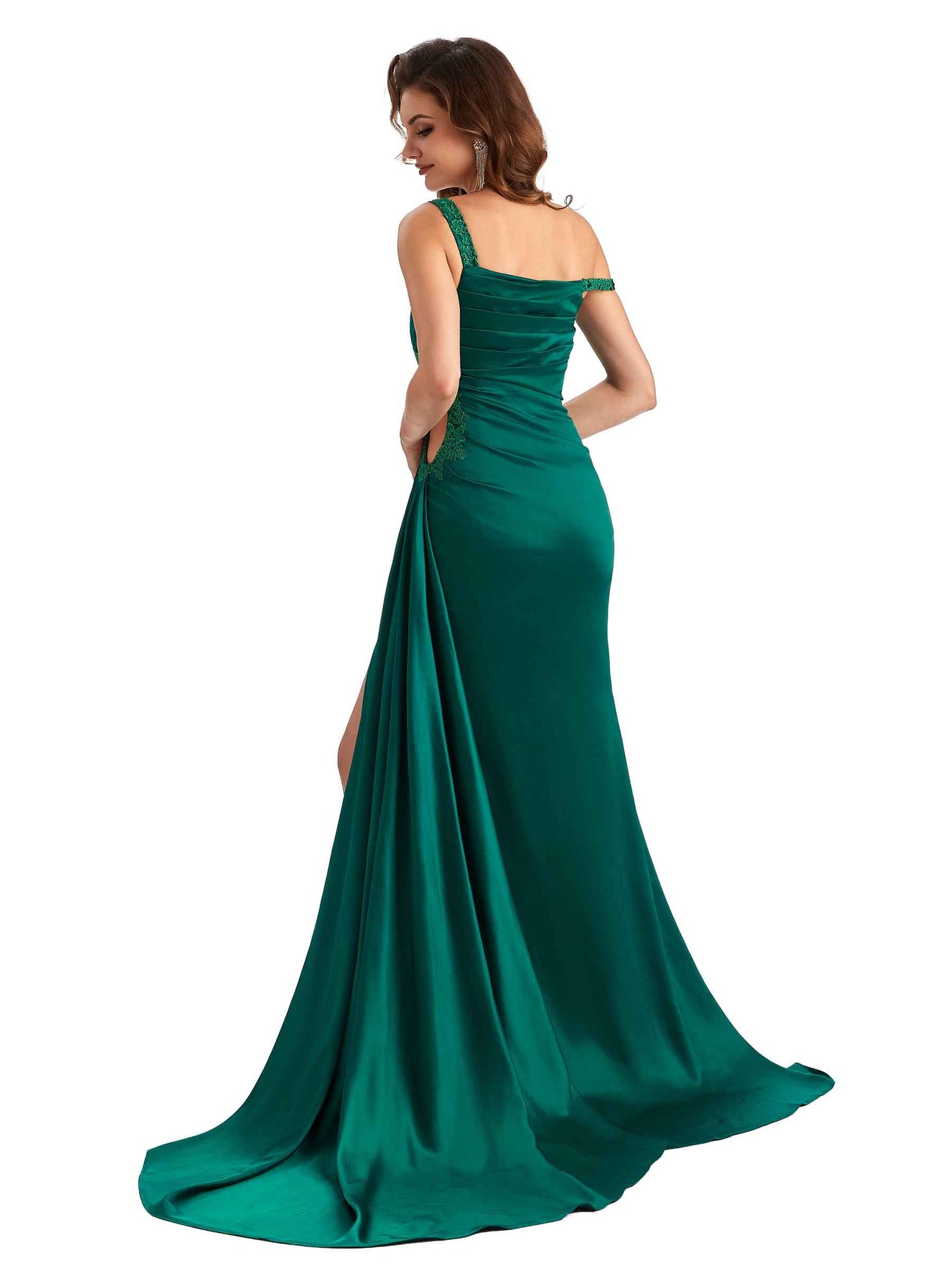 Robe invitée mariage  sirène sexy fendue en satin soyeux à une épaule sans manches