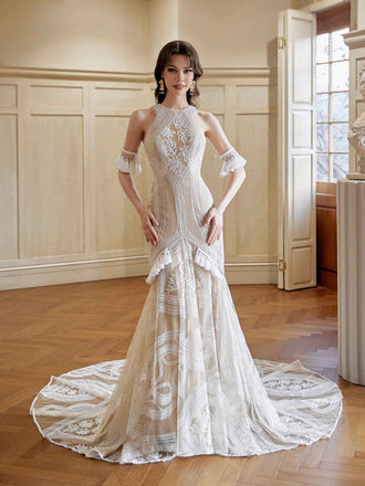 Robes de mariée sexy sirène licou dos ouvert maxi longues en dentelle