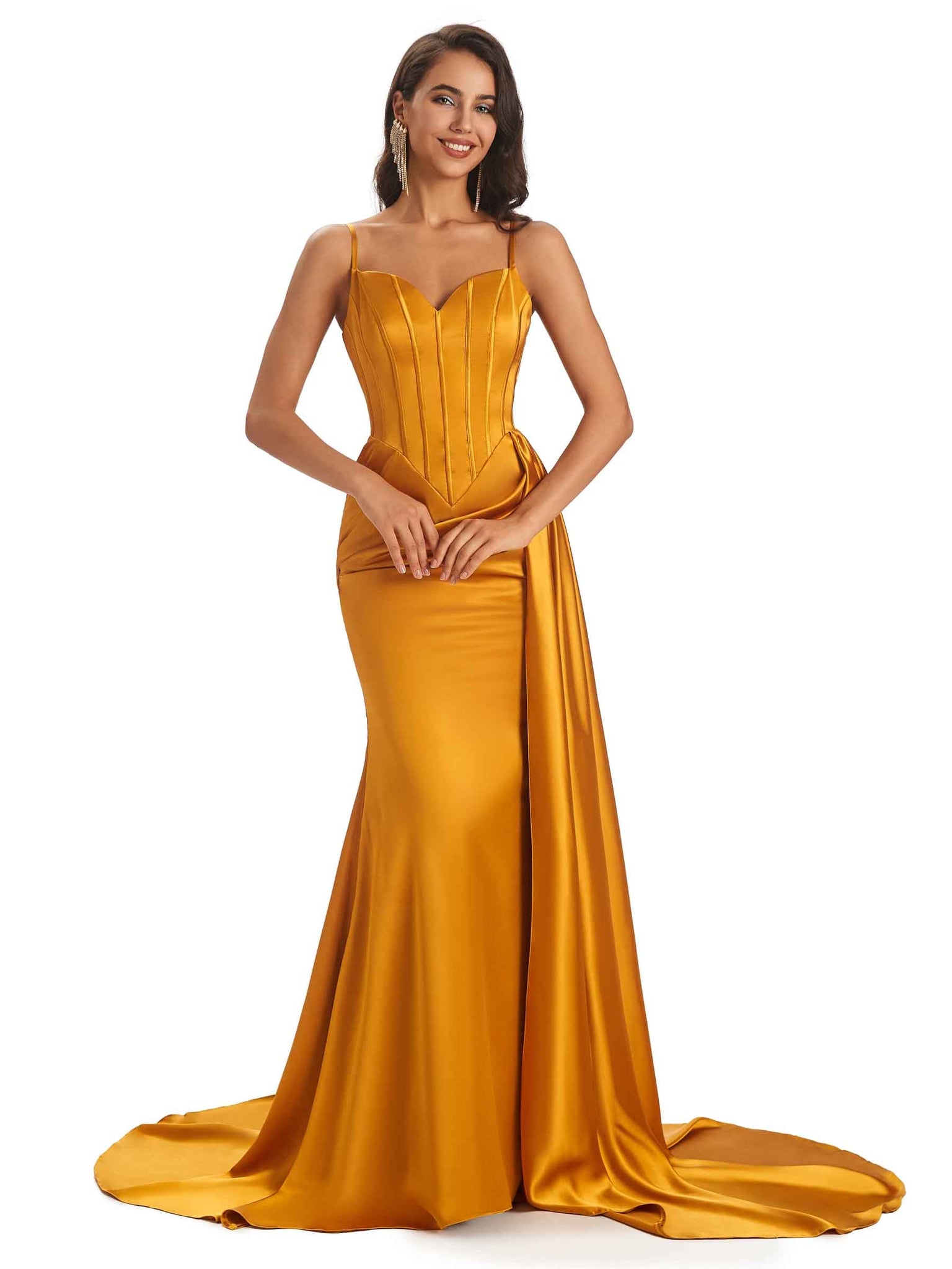 Sirène robe invitée mariage Longues Bretelles Traîne Balayage Demoiselle D'honneur