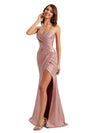 Robe longue en satin sirène sexy fente bretelles spaghetti chic pour femmes