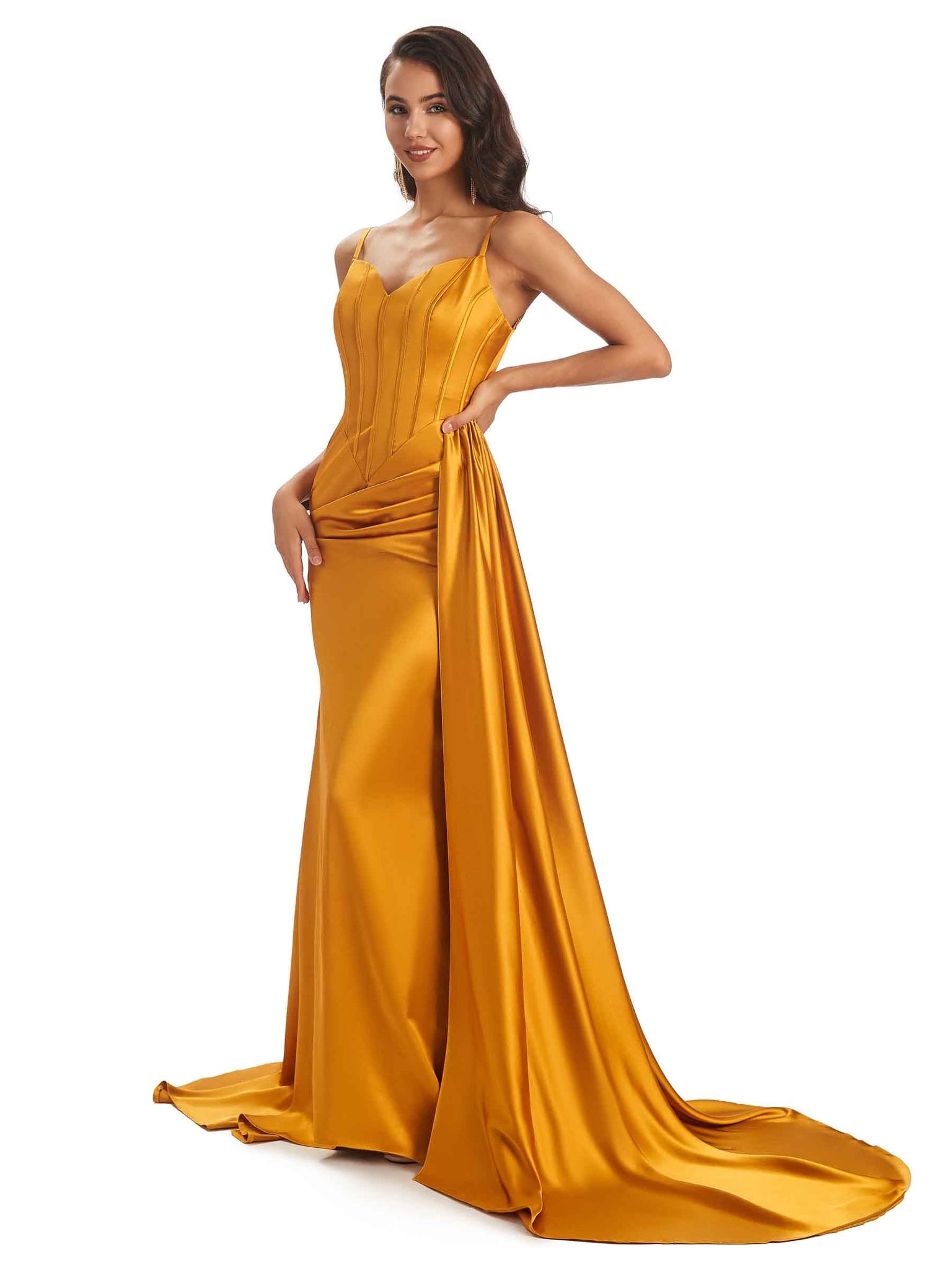 Sirène robe invitée mariage Longues Bretelles Traîne Balayage Demoiselle D'honneur
