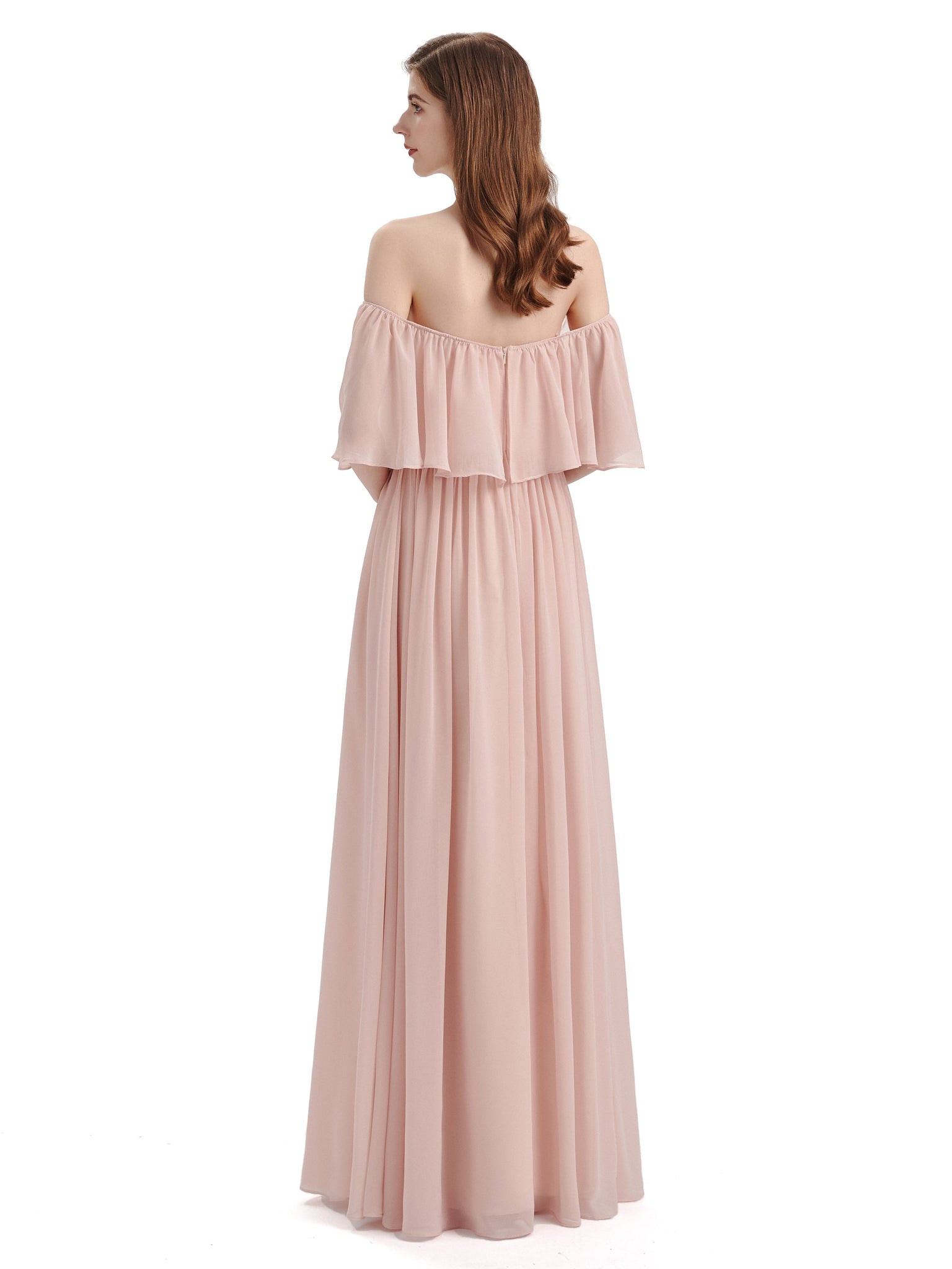Robes de bal longues mousseline simples à épaules dénudées