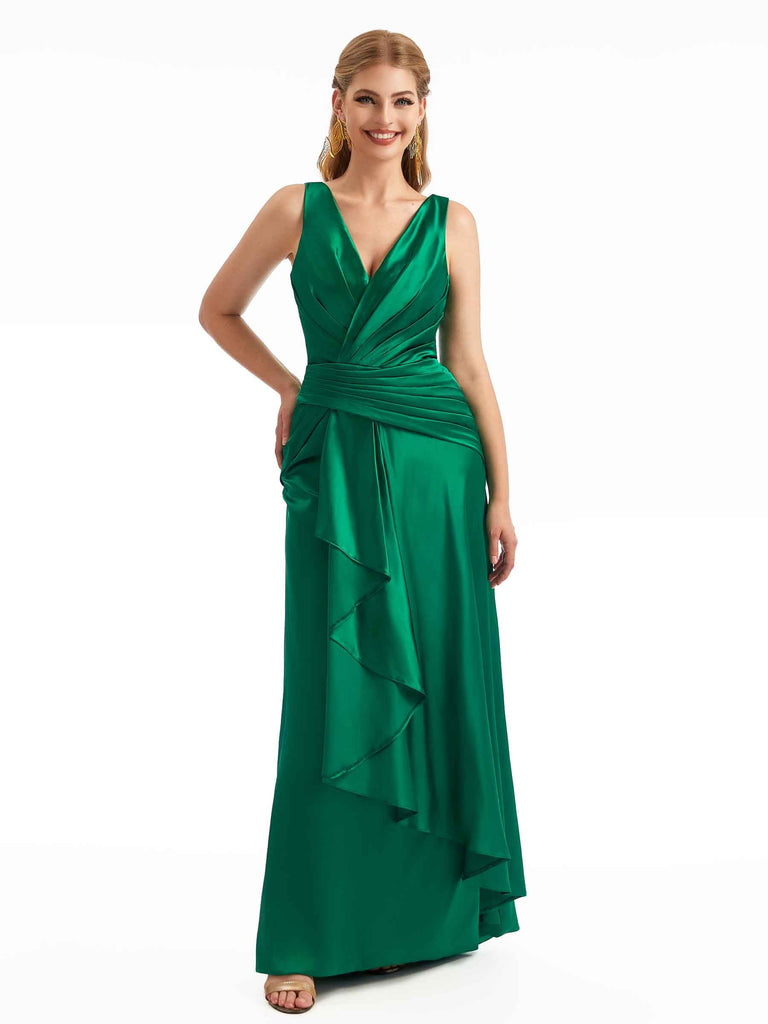 Robe sexy en satin extensible à volants col en V fendue pour demoiselles d'honneur