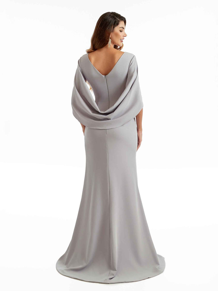 longue sirène robe témoin de mariage en crêpe extensible à col bateau fente latérale sexy