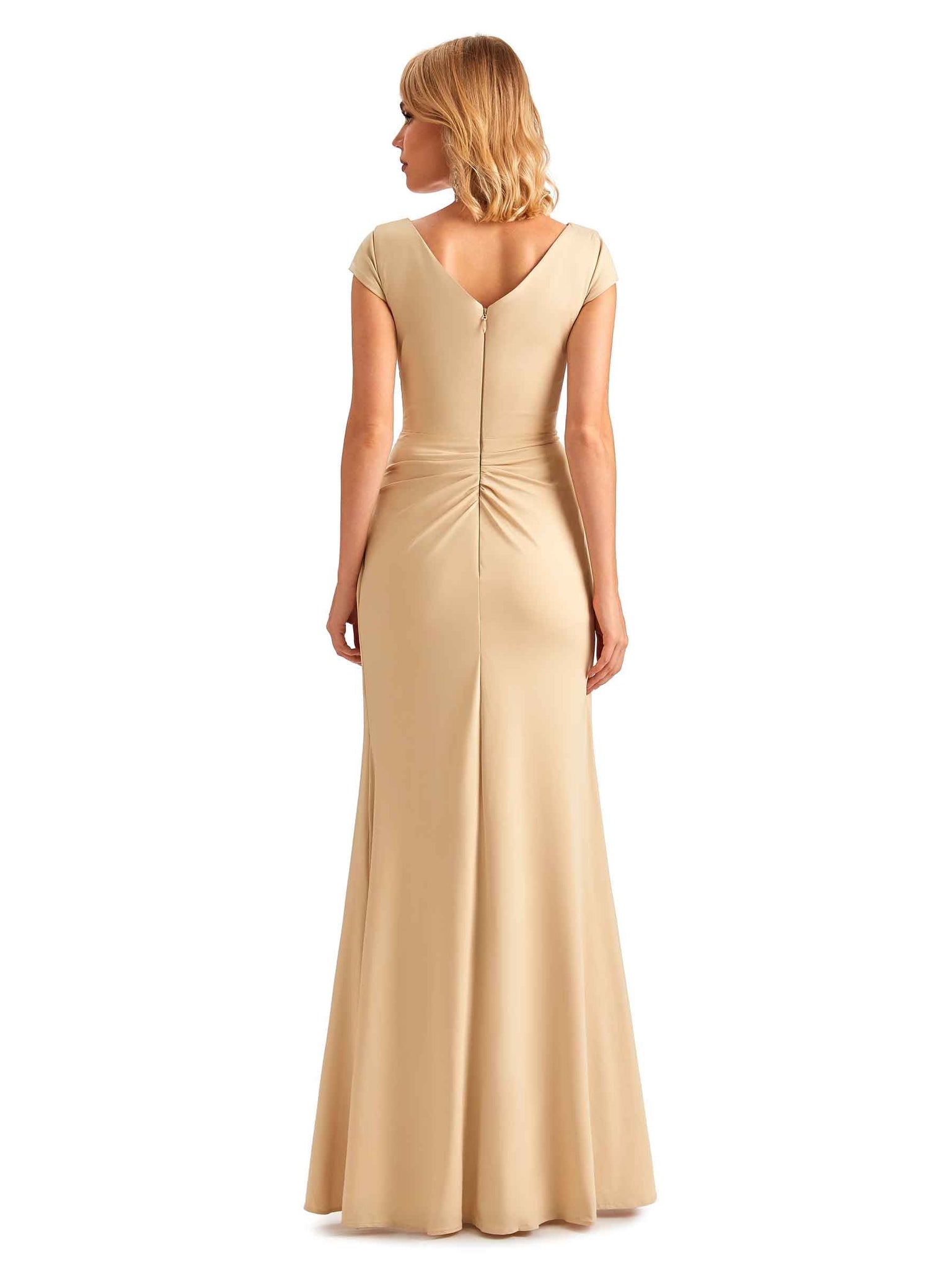 Robes de demoiselle d'honneur longues en satin doux sexy manches courtes sirène uniques