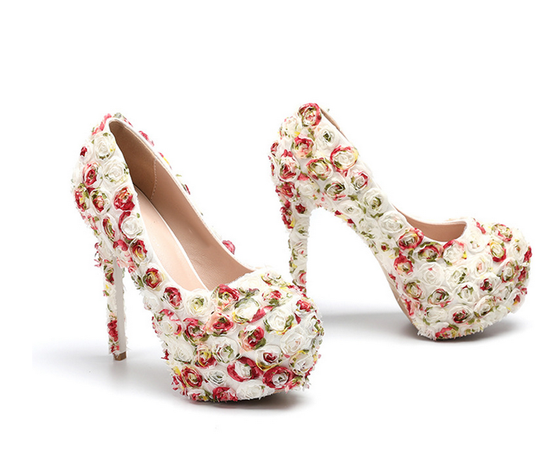 Women's Wedding Shoes Floral Lace Round Toe High Heels Decorative Heel Bridal Shoes,H23