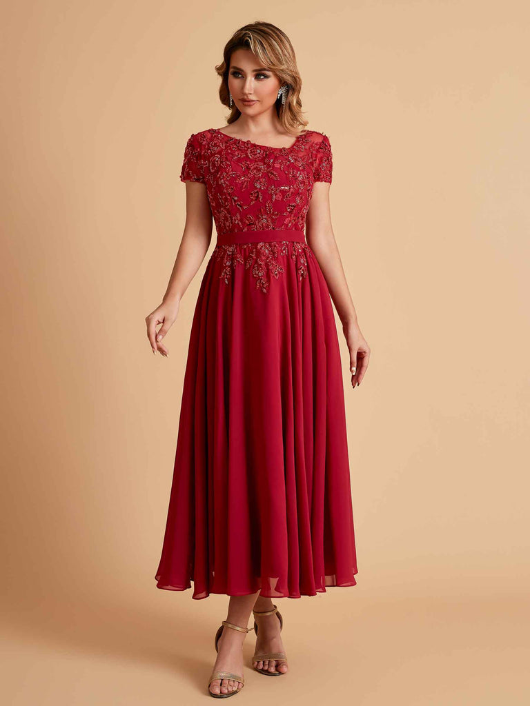 Robes de mère de la mariée coupe trapèze en mousseline à manches courtes