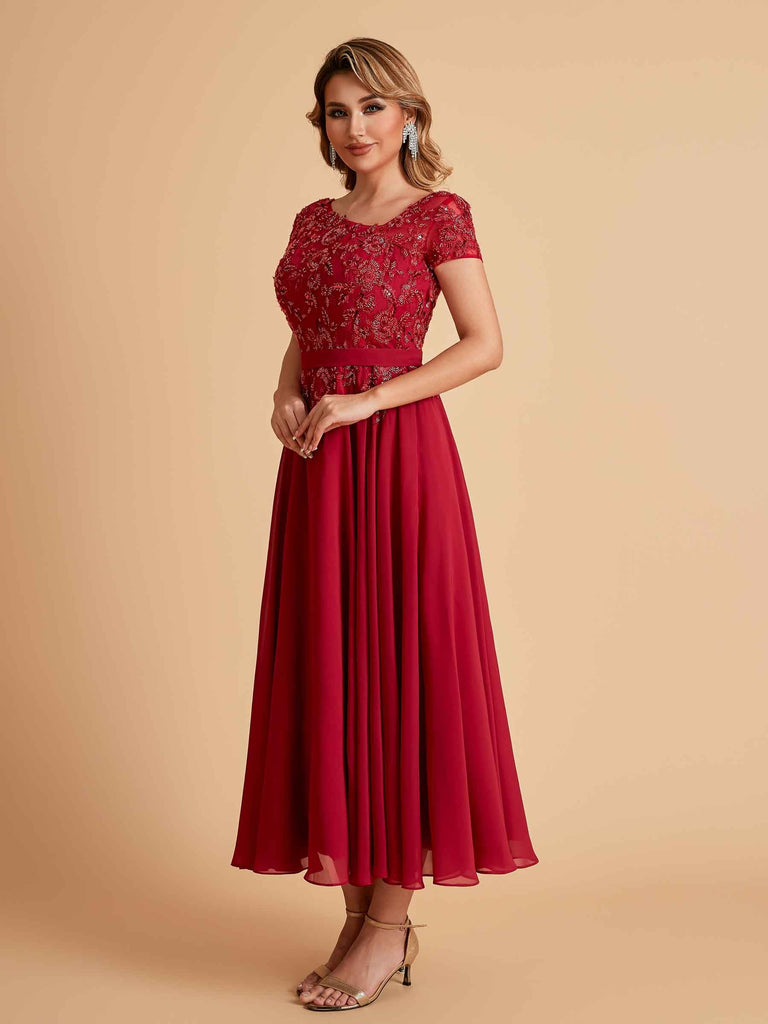 Robes de mère de la mariée coupe trapèze en mousseline à manches courtes