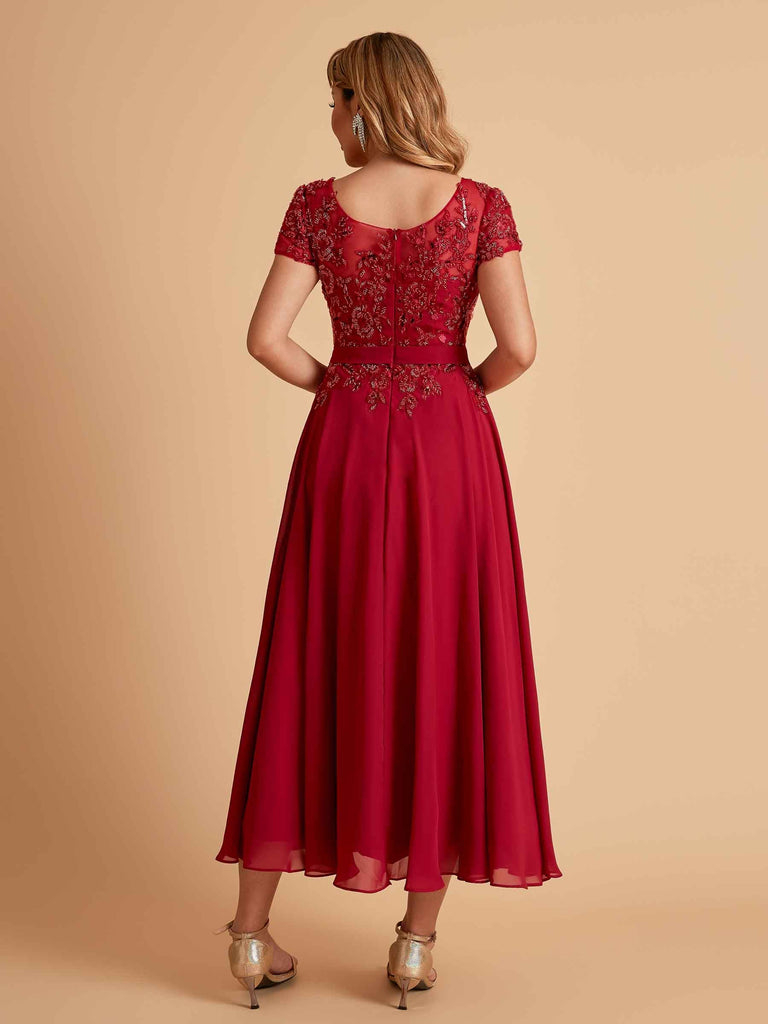Robes de mère de la mariée coupe trapèze en mousseline à manches courtes