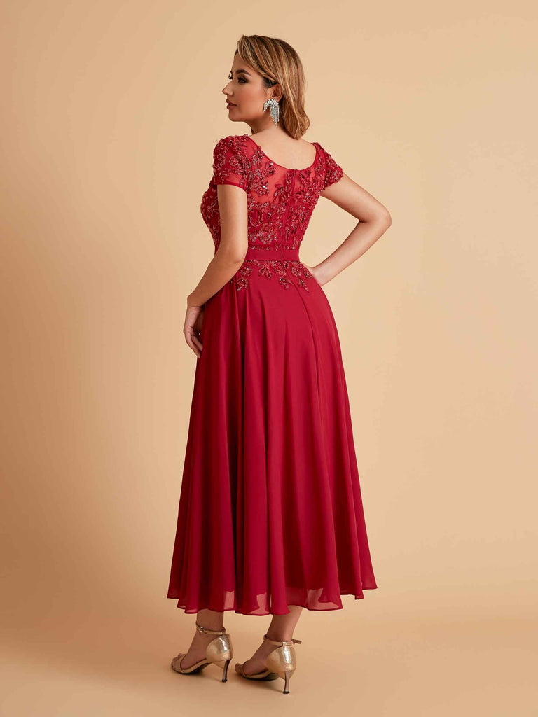 Robes de mère de la mariée coupe trapèze en mousseline à manches courtes