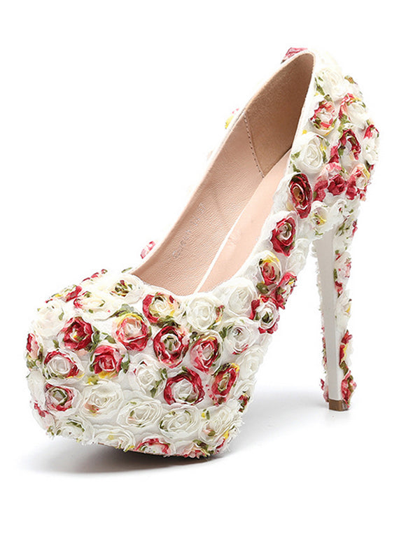 Women's Wedding Shoes Floral Lace Round Toe High Heels Decorative Heel Bridal Shoes,H23