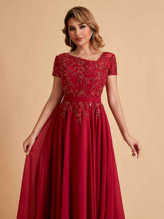 Robes de mère de la mariée coupe trapèze en mousseline à manches courtes